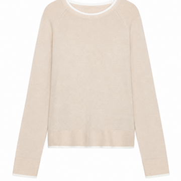 Light Beige Relaxed Fit Long Sleeve Crew Neck Knit Sweater with White Trim