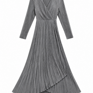 Grey Pleated Wrap Midi Dress with Long Sleeves