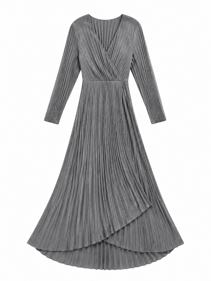 Grey Pleated Wrap Midi Dress with Long Sleeves
