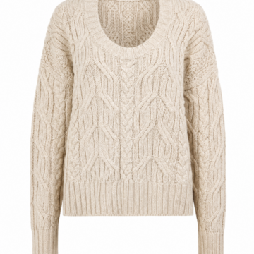 Cream Relaxed Fit Cable Knit Sweater with Deep Scoop Neck