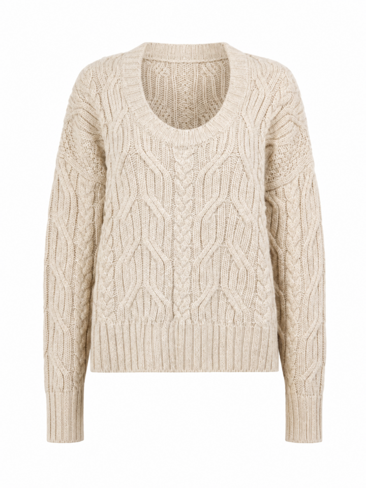 Cream Relaxed Fit Cable Knit Sweater with Deep Scoop Neck
