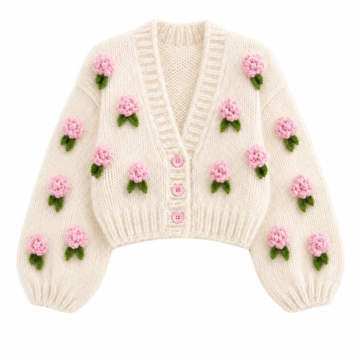 Cream Cropped Boxy Cardigan with 3D Floral Appliqués and Balloon Sleeves