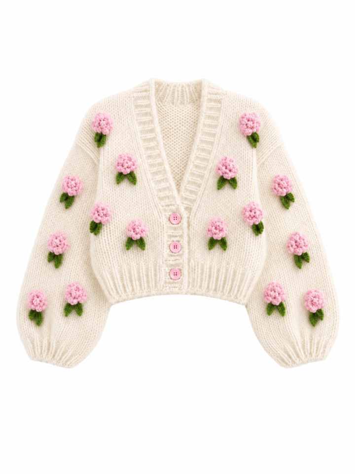 Cream Cropped Boxy Cardigan with 3D Floral Appliqués and Balloon Sleeves