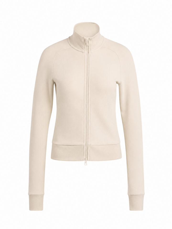 Cream Fitted Track Jacket with Stand Collar