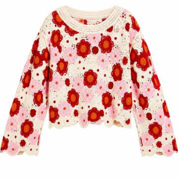 Cream Crochet Floral Knit Sweater