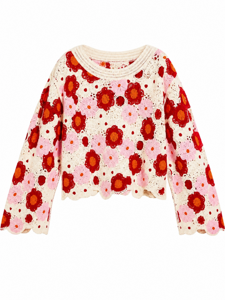 Cream Crochet Floral Knit Sweater