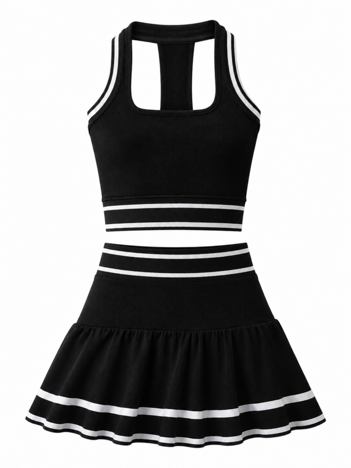 Black Ribbed Knit Crop Top and Mini Skirt Set