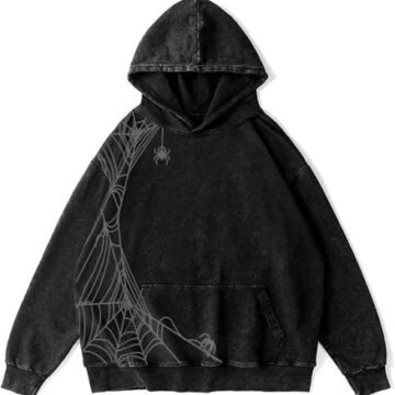 Black Oversized Acid-Wash Hoodie with Spiderweb Graphic