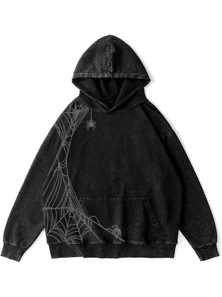 Black Oversized Acid-Wash Hoodie with Spiderweb Graphic