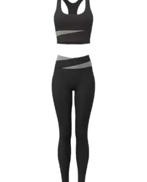 Black Sports Bra and High-Waisted Leggings Set with Grey Diagonal Stripes