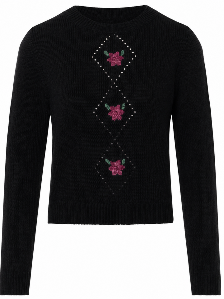 Black Sweater with Floral Rhinestone Details